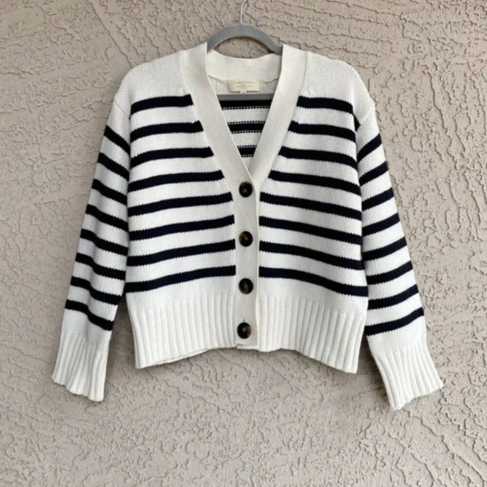 SEZANE Classic Navy Ecru Striped Wilson Cardigan Preppy Knit Sweater XXS